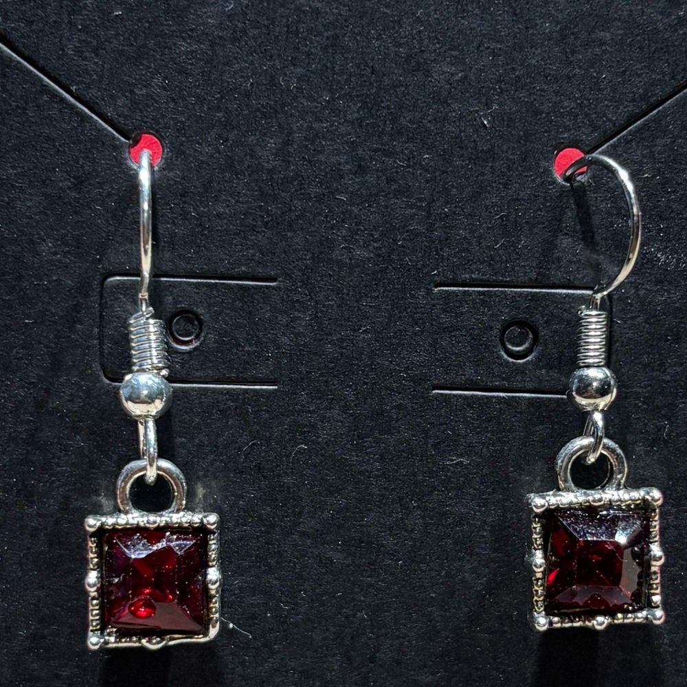 Elegant Silver tone and Red Dangle Earrings